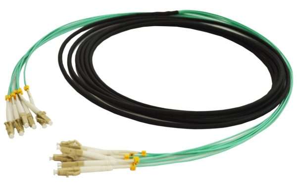Black 6 Fibre OM3 Multimode Indoor/Outdoor Pre-Terminated Fibre Optic Cable on a Drum with Water Blocking Yarn and 1 Pulling Eye. Staggered at Pulling Eye End Only. 50cm Fibre Breakout at both ends with 2mm Aqua Zero Fibre. 5cm per Stagger