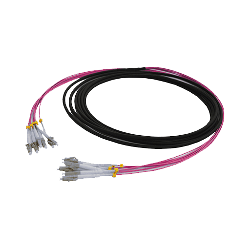 Black 6 Fibre Multimode OM4 Indoor/Outdoor Pre-Terminated Fibre Optic Cable on a Drum with Water Blocking Yarn and 1 Pulling Eye. Staggered at Pulling Eye End Only. 50cm Fibre Breakout at both ends with 2mm Aqua Zero Fibre. 5cm per Stagger