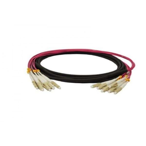 Black 24 Fibre OM4 Multimode Indoor/Outdoor Pre-Terminated Fibre Optic Cable with Water Blocking Yarn and 1 Pulling Eye. Staggered at Pulling Eye End Only. 50cm Fibre Breakout at Both Ends with 2mm Erika Violet Zero Fibre. 5cm per Stagger