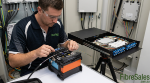 image showing a technician using a fusion splicer and enclosure