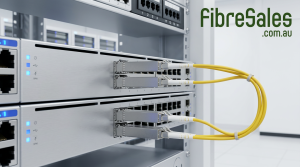 SFP transceivers connected by fibre optic cable between network devices
