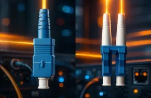 LC vs SC Connector comparison in a server room, showing fibre optic connectors with glowing data lines and detailed textures.