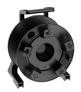 Empty deployable fibre reel with plastic housing for portable fibre optic cable management.