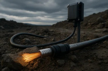 Close-up of an armoured fibre optic cable in rugged terrain, showing steel protection and glowing fibre cores.