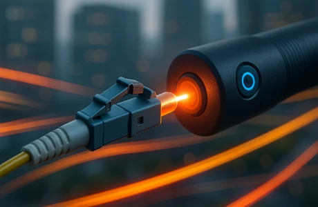 glowing LC fibre optic connector emitting orange signal in urban background testing for Insertion Loss