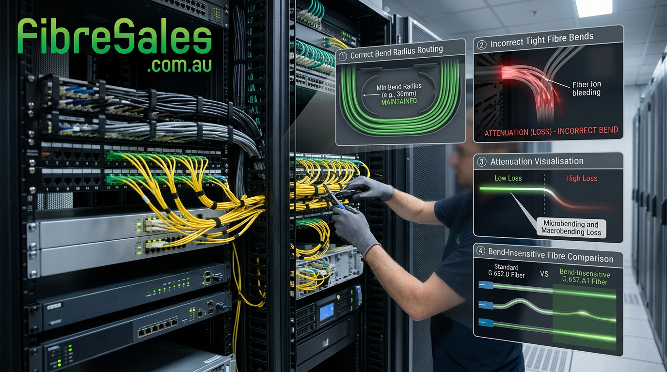 fibre bend radius guide showing correct fibre cable routing and minimum bend radius protection in data centre installation