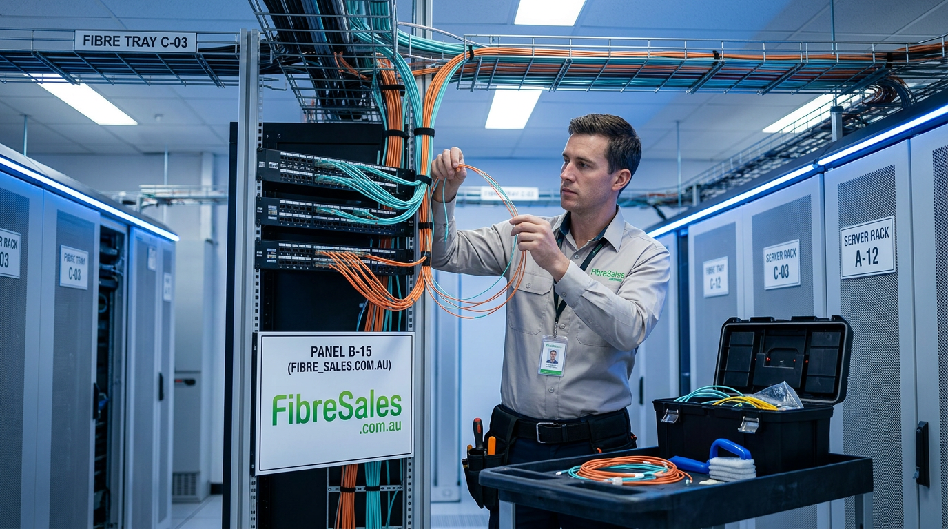 fibre optic installation best practices structured cable routing in data centre environment with technician