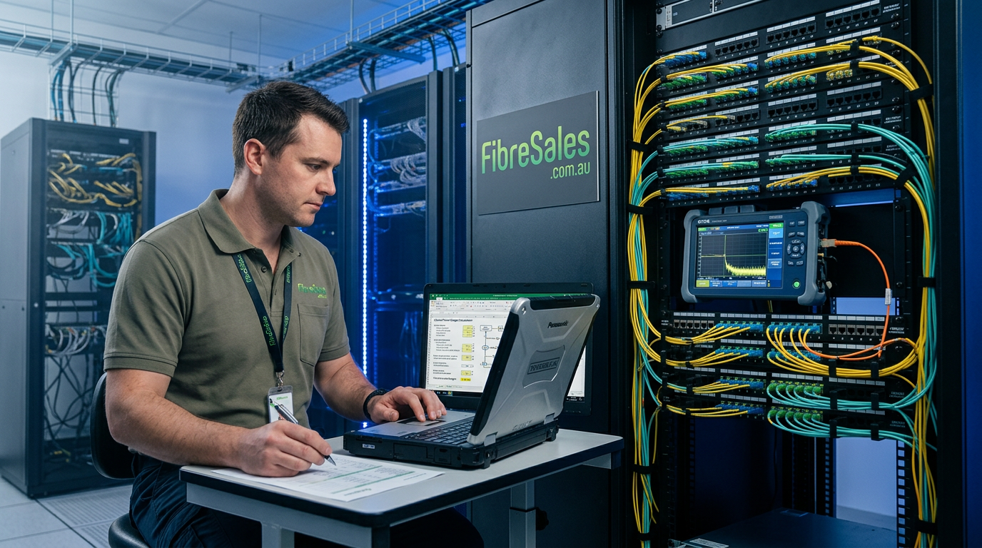 fibre optic power budget calculator guide showing engineer analysing optical loss and fibre network performance