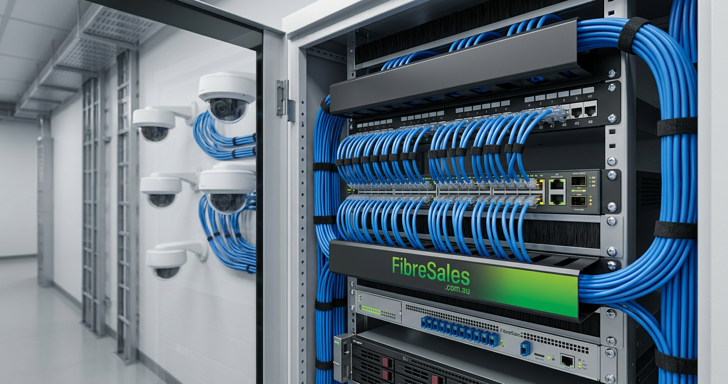 Cat6 Patch Cables connecting IP security cameras to a PoE network switch