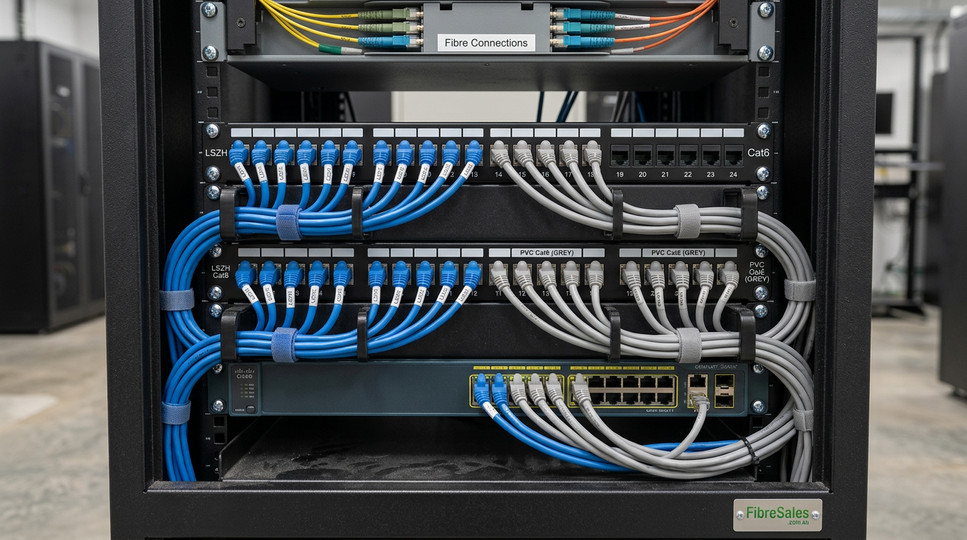 LSZH vs PVC Cat6 Patch Cables installed in commercial communications cabinet