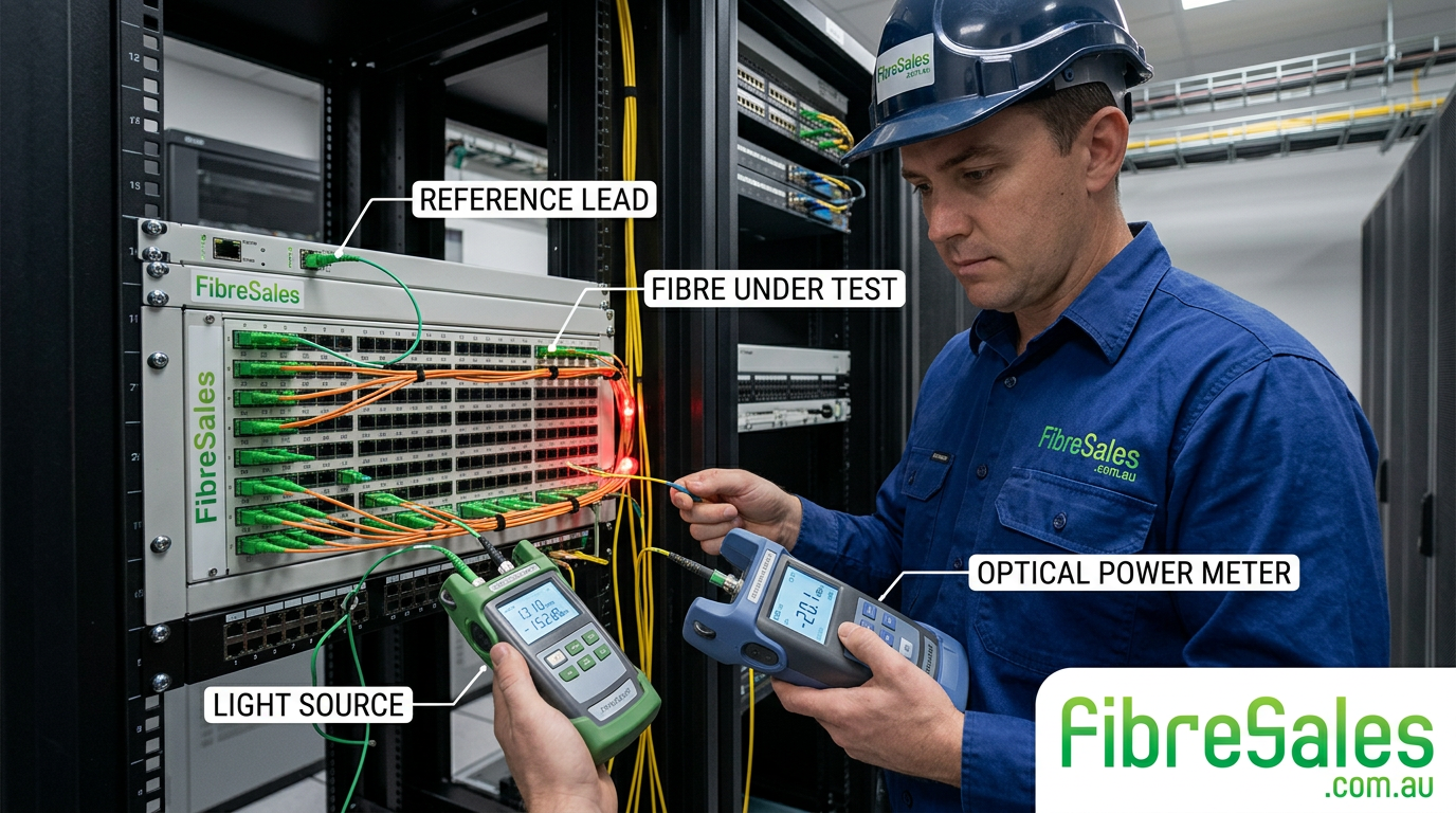 Optical power meter guide showing insertion loss testing of a fibre optic network using a calibrated light source and power meter.