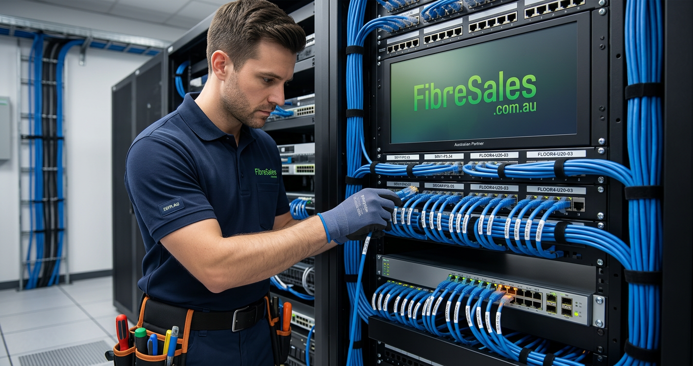 Technician installing Cat6 Patch Cables in a structured network cabinet.