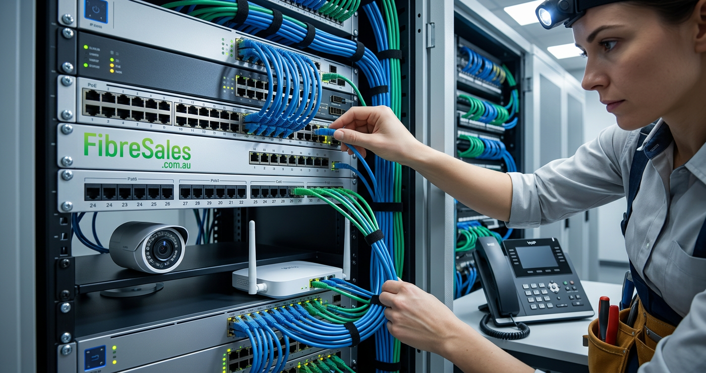 Best Cat6 PoE patch cables installed in a commercial Ethernet switch for Power over Ethernet applications.