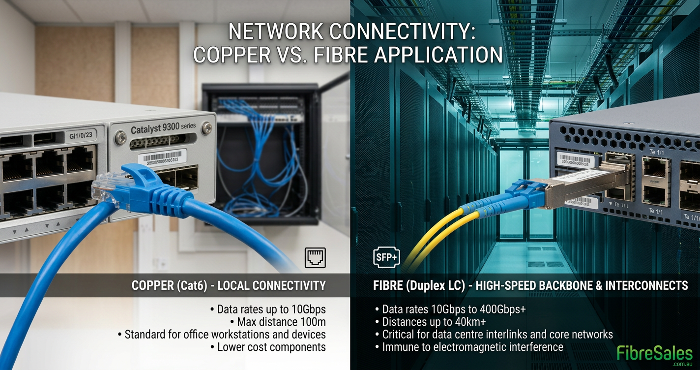 Cat6 vs Fibre comparison showing Cat6 Ethernet cable beside fibre optic patch leads in a business network.