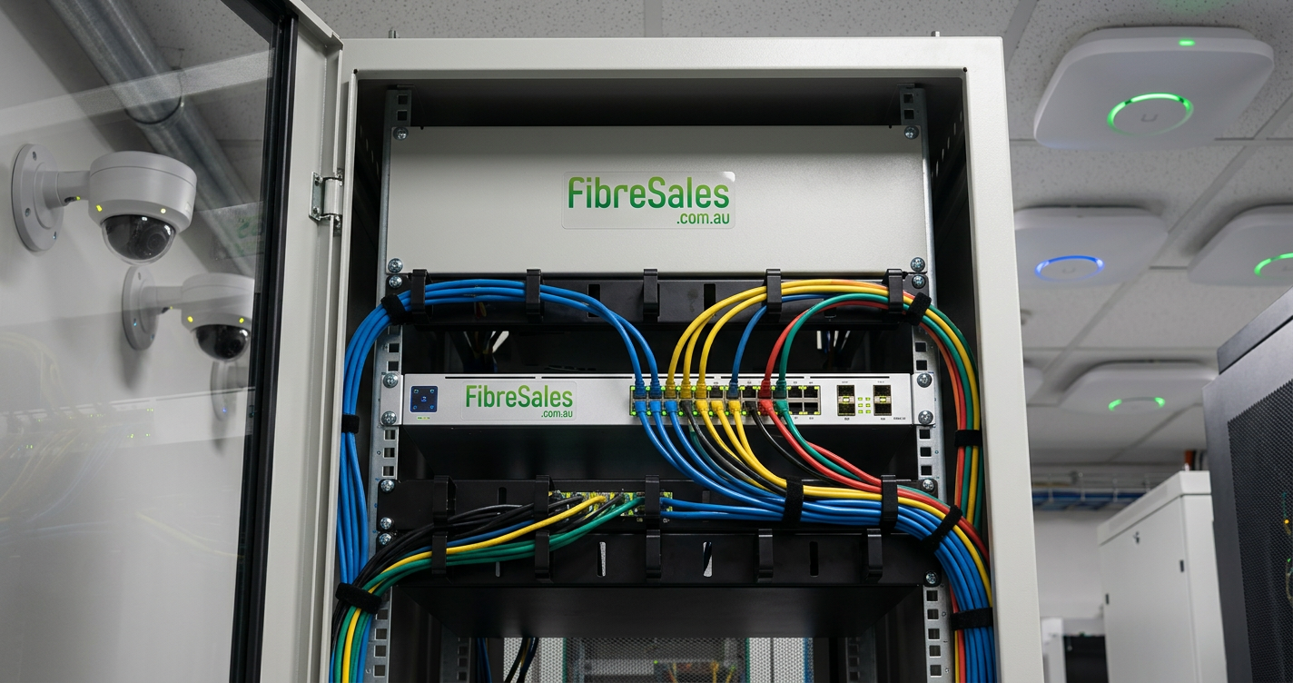 PoE Ethernet switch connected to Cat6 patch cables powering network devices