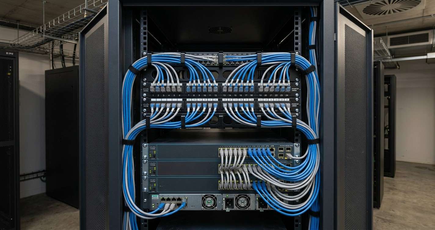 Business Cat6 cable installed in a professional office network cabinet