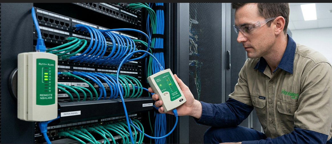 Ethernet Cable Testing using a professional cable tester to verify a Cat6 Ethernet cable.